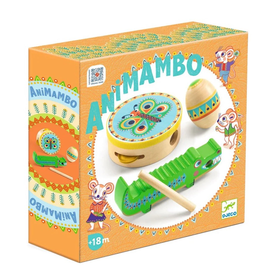 Animambo Set of 3 Instruments: Tambourine, Maracas, & Guiro by Djeco #DJ06031