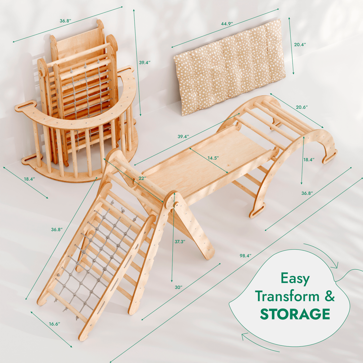 5in1 Montessori Climbing Set: Triangle Ladder + Arch/Rocker + Slide Board/Ramp + Netting rope + Cushion