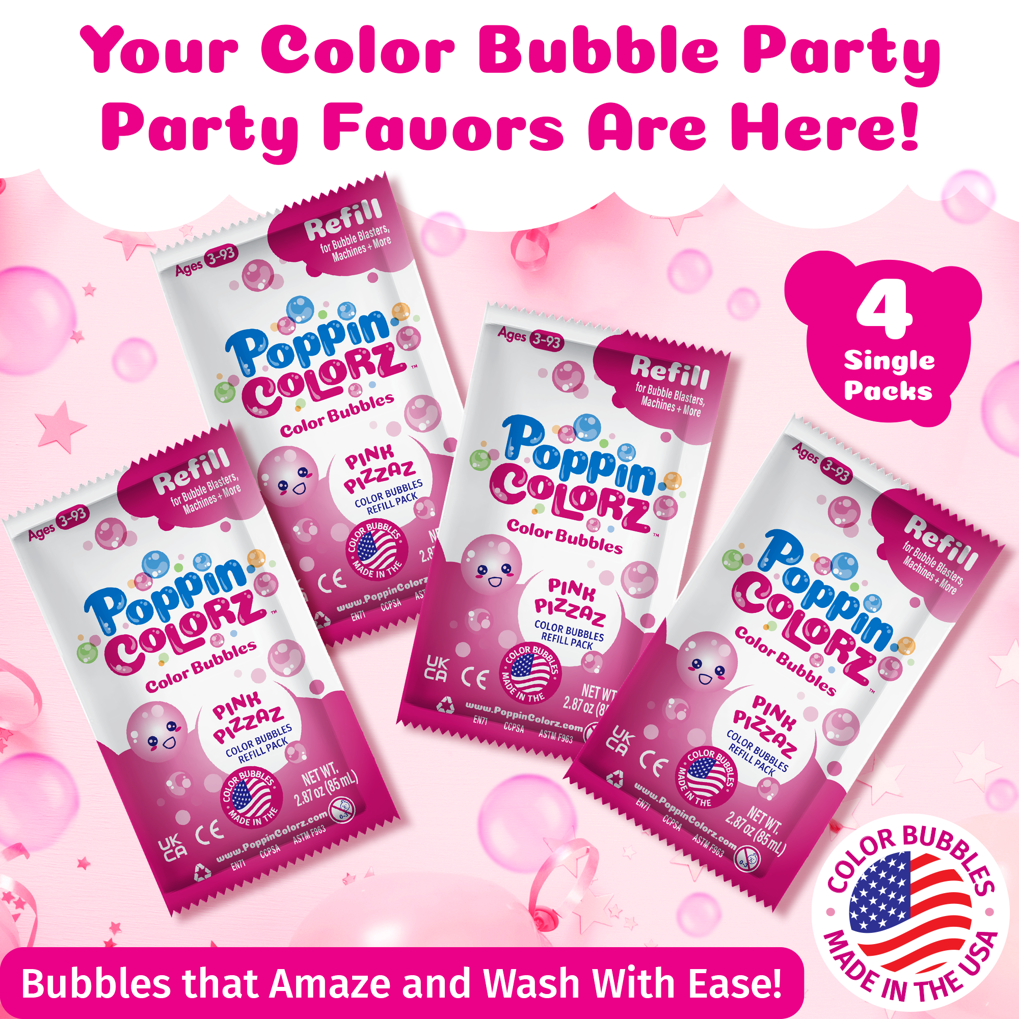 PoppinColorz Pink Pizzaz Color Bubbles - 4-pack Refills by South Beach Bubbles