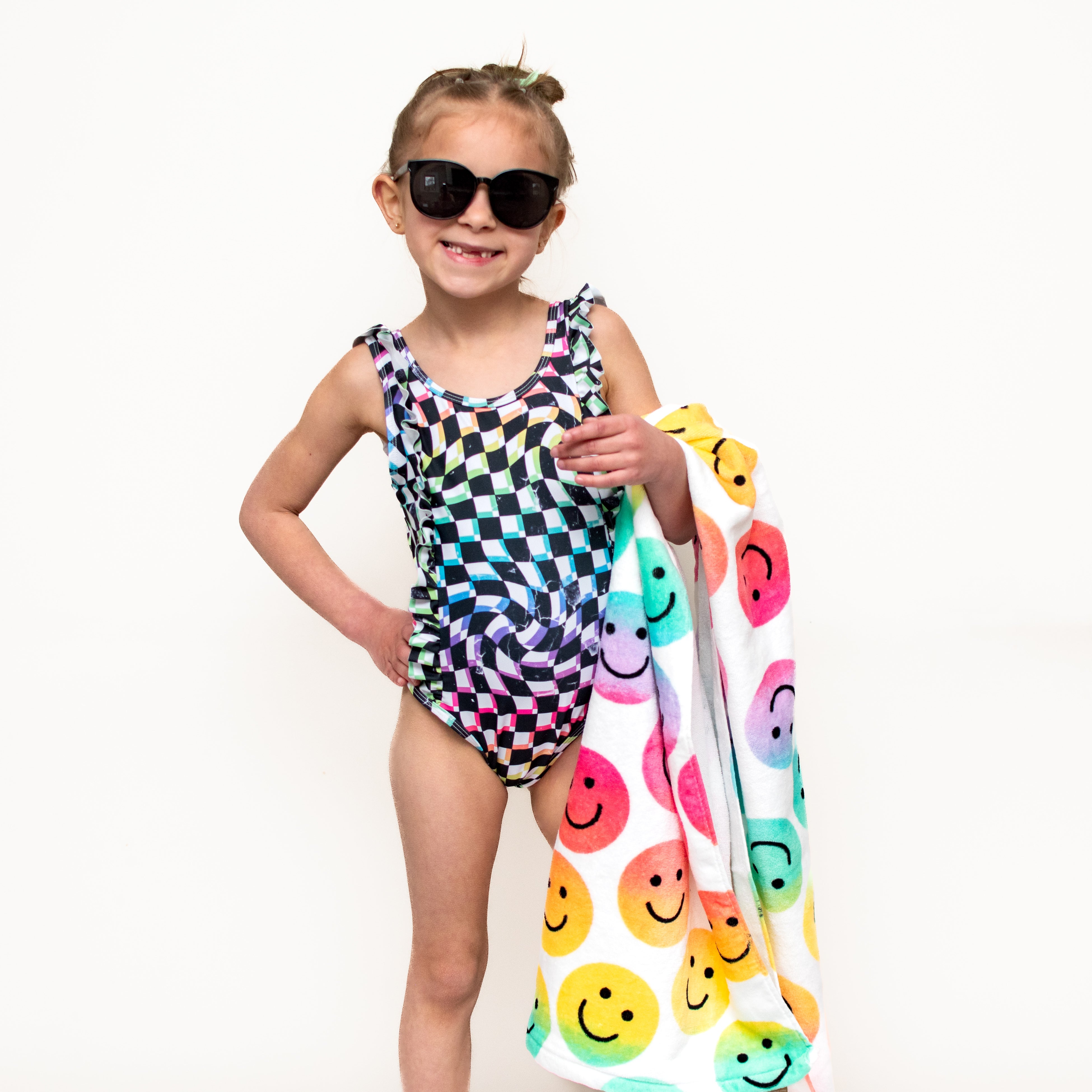 RUFFLE SWIMSUIT- Neon Dizzy Check