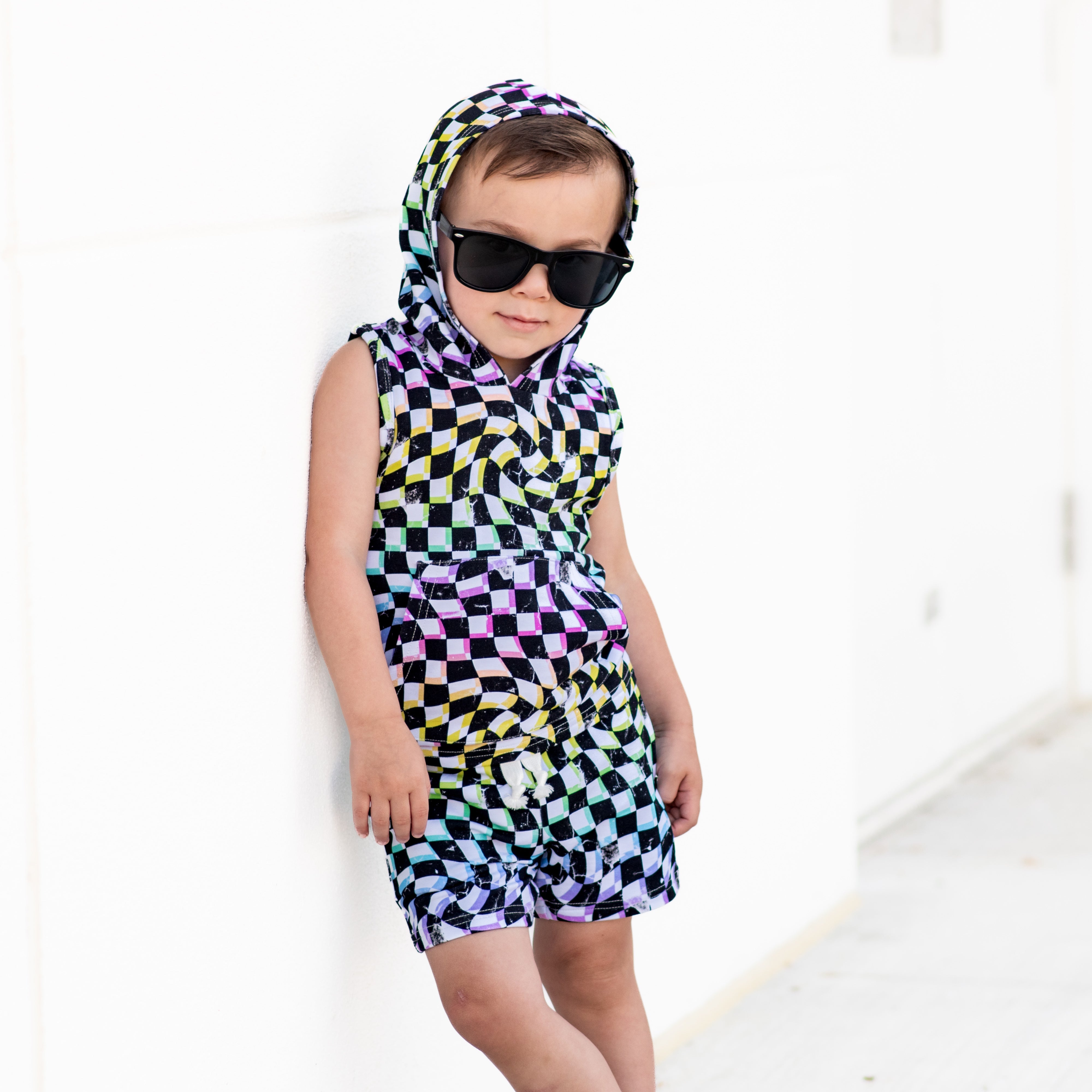 BAMBOO HOODIE TANK- Neon Dizzy Check