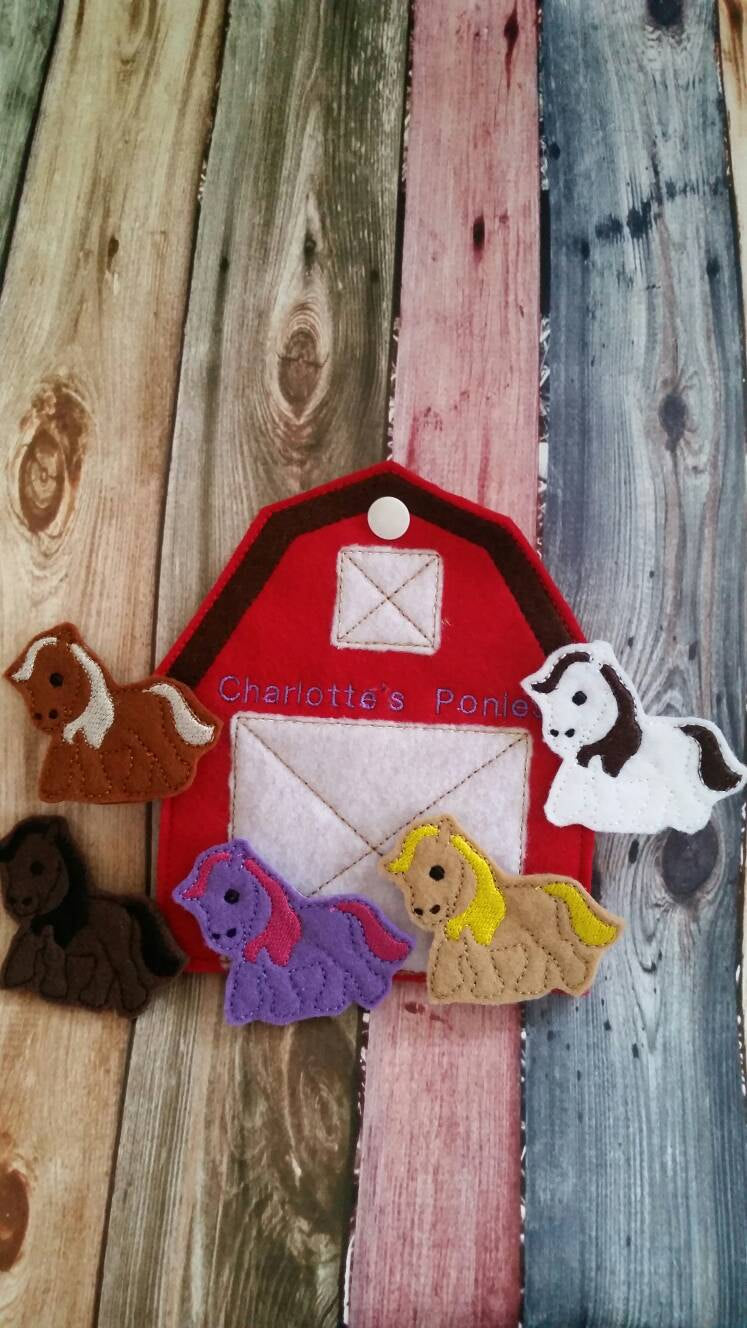 Horse Finger Puppets - Barn Shaped Storage Bag - Free Personalization -  Quiet Toy - Busy Bag - Activity Bag - custom colors