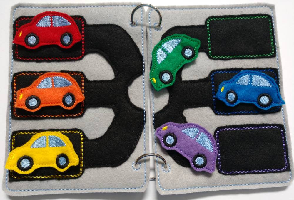 Color match Quiet book page - racecar play mat  - Color car Match - race track - color sorting - counting game - educational - learning toy