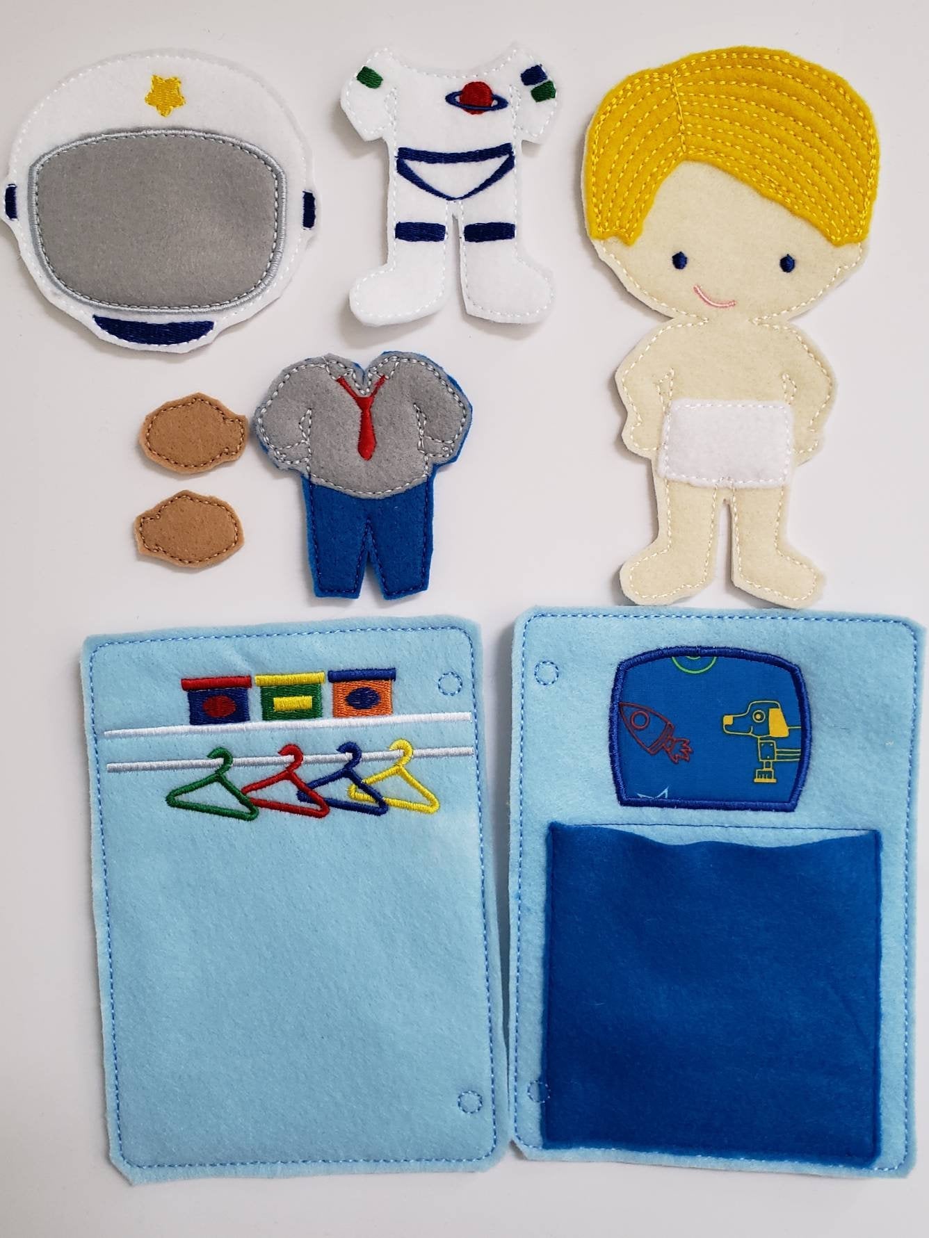 Astronaut boy felt paper doll - doll clothes storage - quiet activity page - busy book page