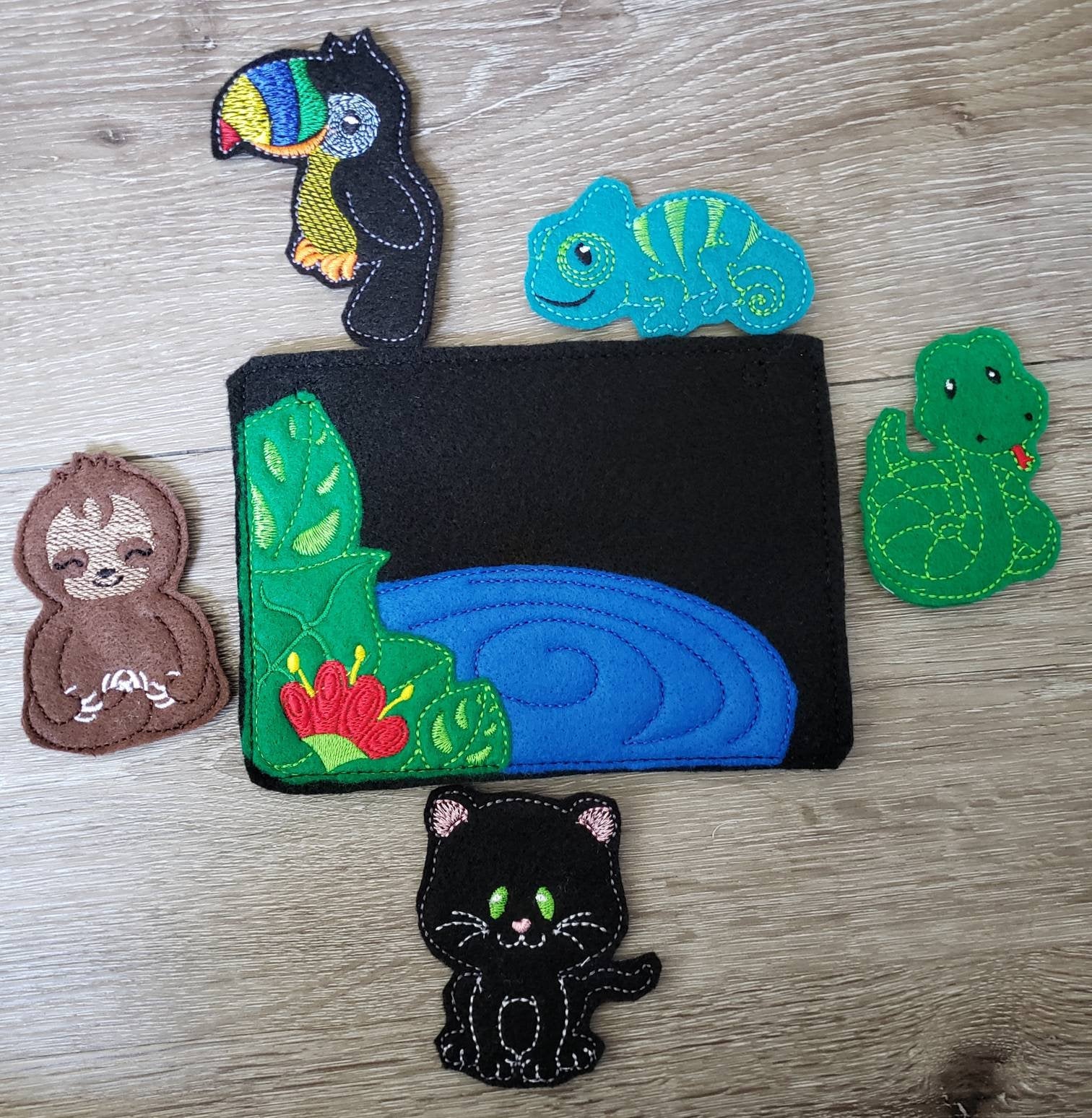 Felt finger puppet animal - Rainforest Animal quiet book page -  Gift for kids - habitat - Party Favor - learning toy - animals and biomes