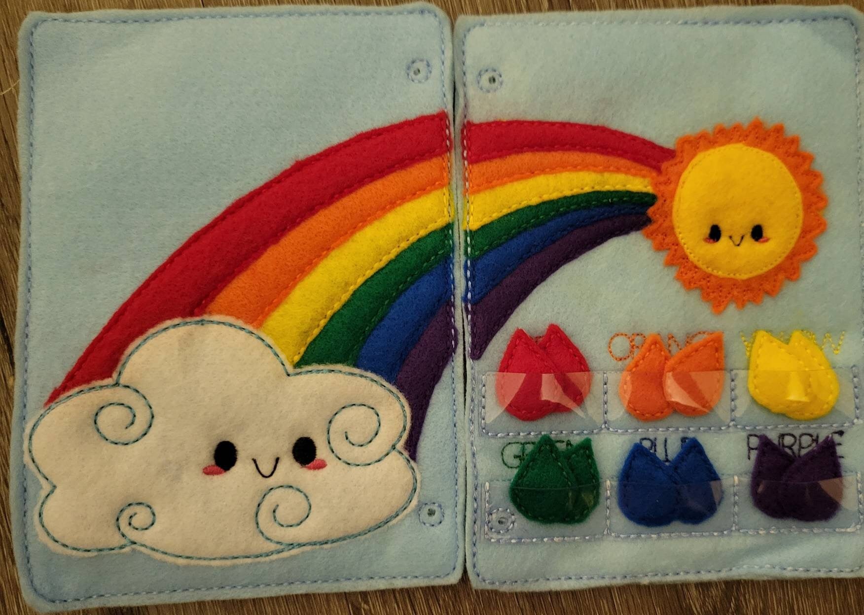 Color match Quiet book page -  rainbow - color sorting - rain drops - counting game - educational - learning toy