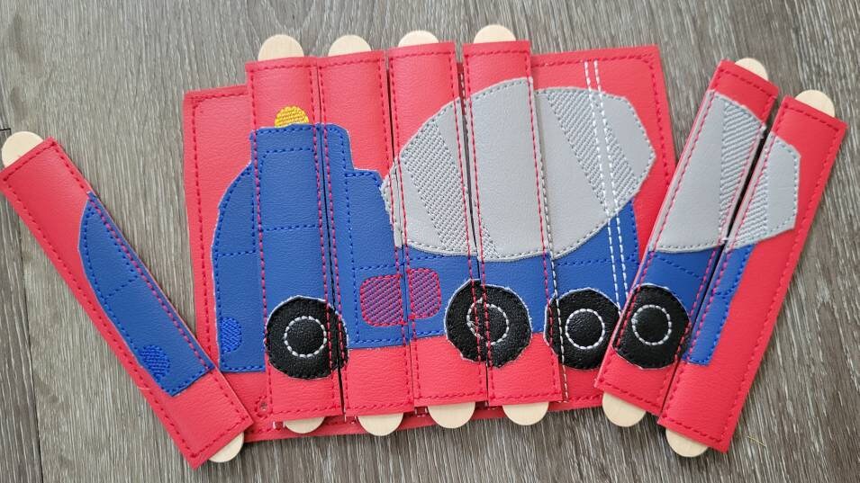 Cement Truck Stick Puzzle -  toddler quiet book page-  Seven Pieces - motor skills -  classroom - educational - Busy Bag - Activity Bag
