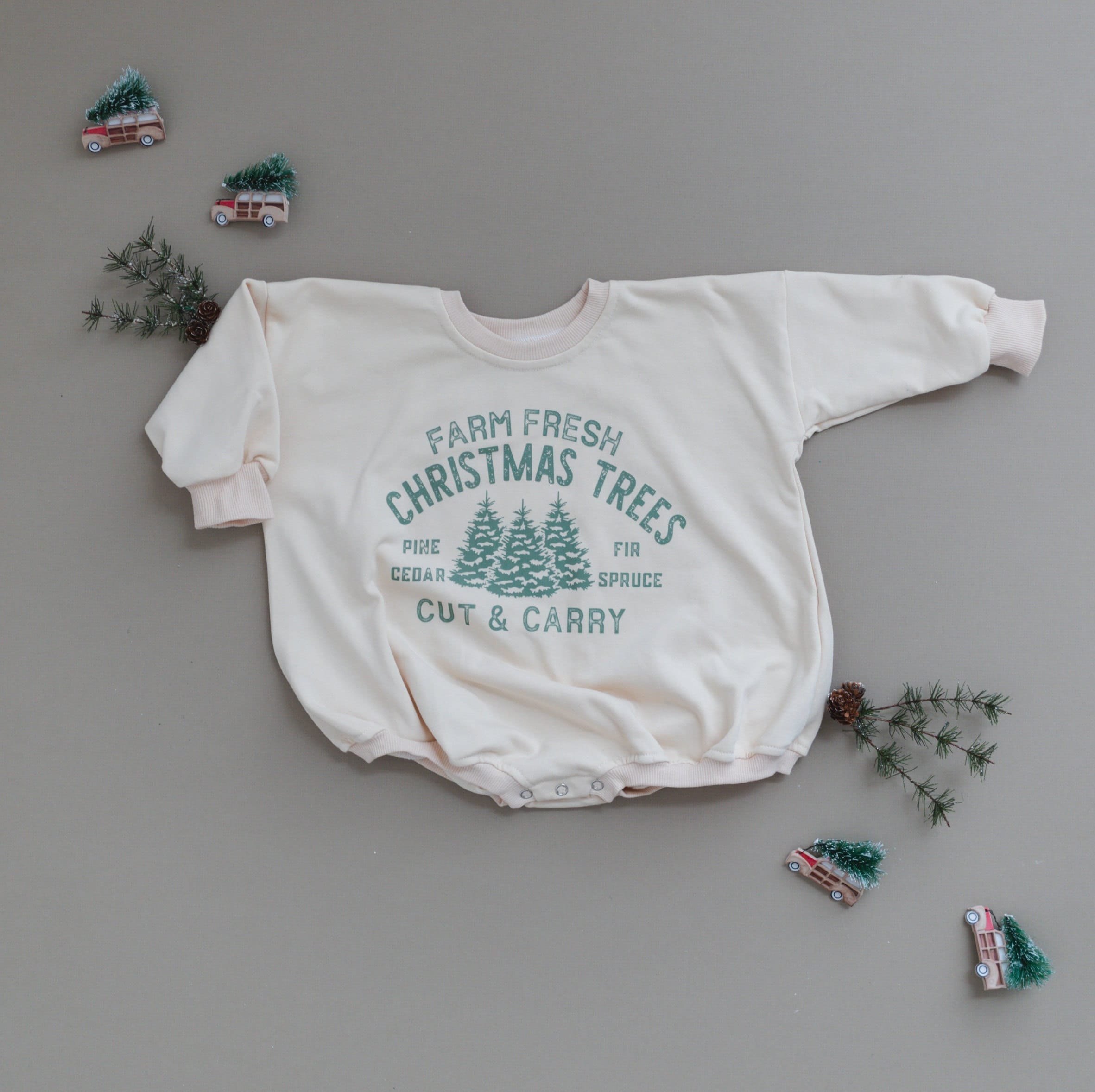 Farm Fresh Christmas Trees Sweatshirt Romper - Cream