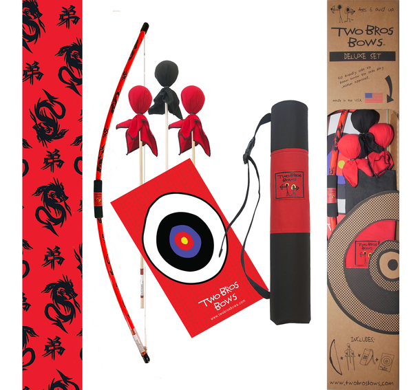 Dragon Bow Deluxe Set, 3 Arrows, Black & Red Quiver Bag and Small Bullseye by Two Bros Bows