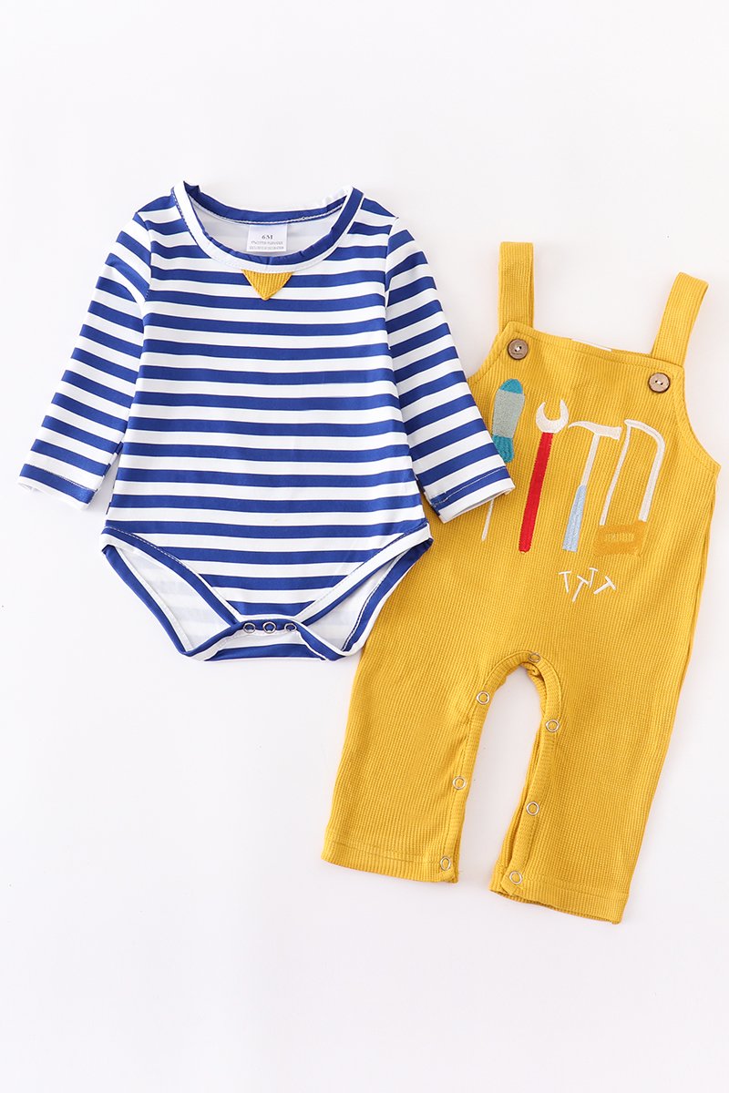 Mustard Tools Overalls with Blue/White Long-Sleeved Shirt by Honeydew
