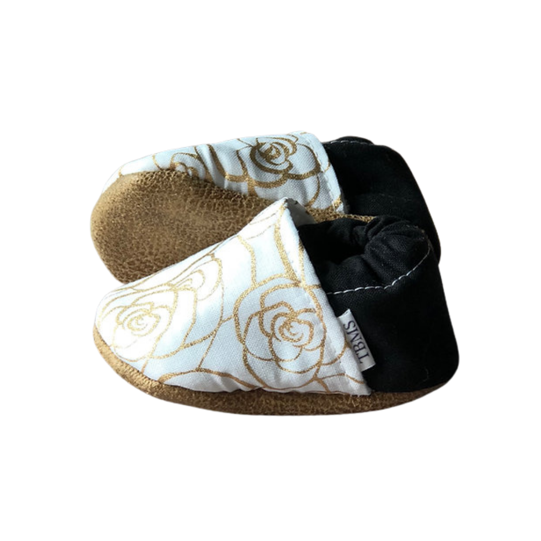 Black/White with Gold Rose Baby Moccasins by Trendy Baby