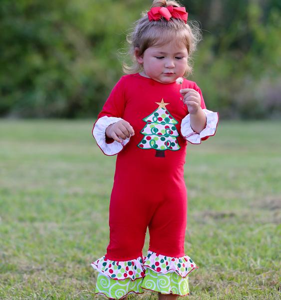 Baby Girl Red Polka Dot Christmas Tree Romper by Ann Loren