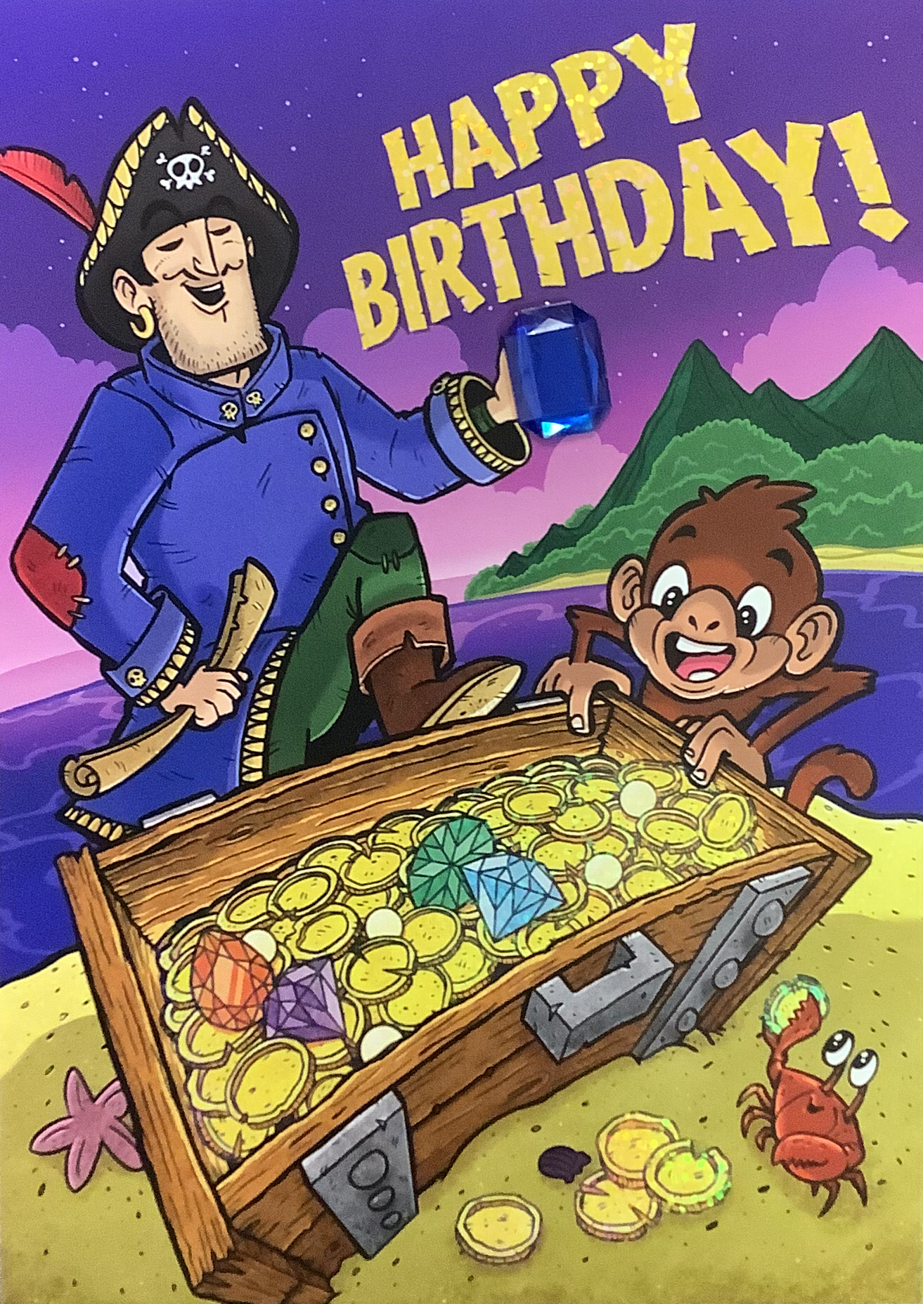 Pirate with Jewel Treasure Chest Birthday Card