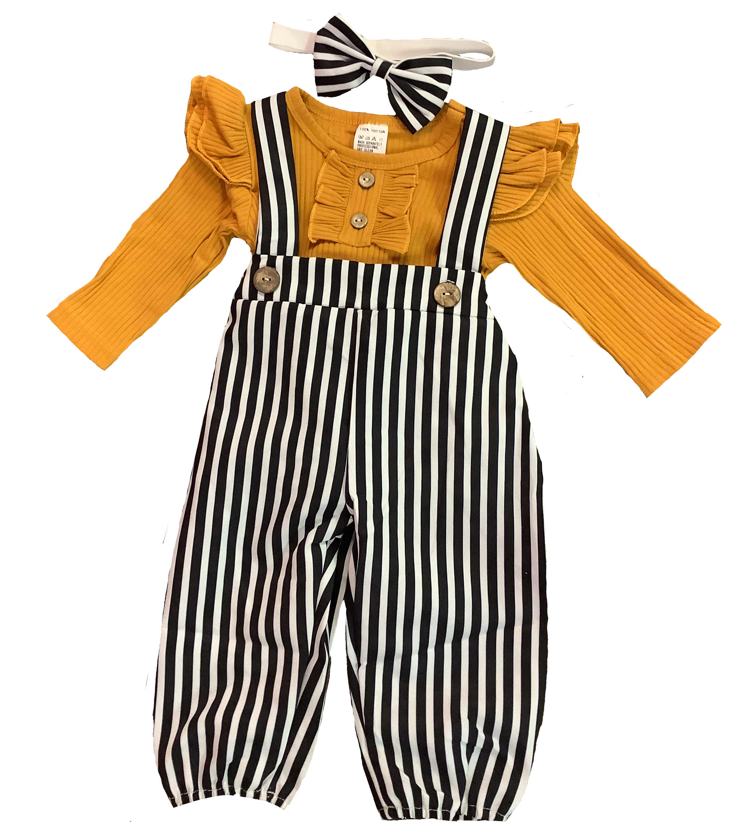 Mustard Long Sleeve & Black/White Suspender Set with Bow by Honeydew
