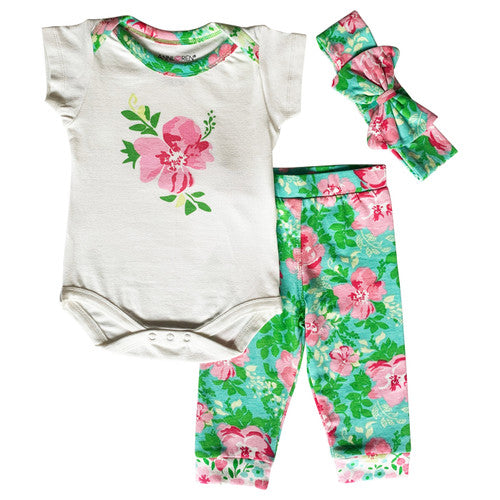 AnnLoren Baby Toddler Girls Floral Onesie Joggers Pants Headband Bow 3pc Layette Gift Set Clothing